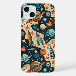 Retro Space Rocket Planets Orange Teal Nursery iPhone 15 Plus Case