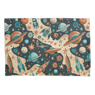 Retro Space Rocket Planets Orange Teal Nursery Pillowcase