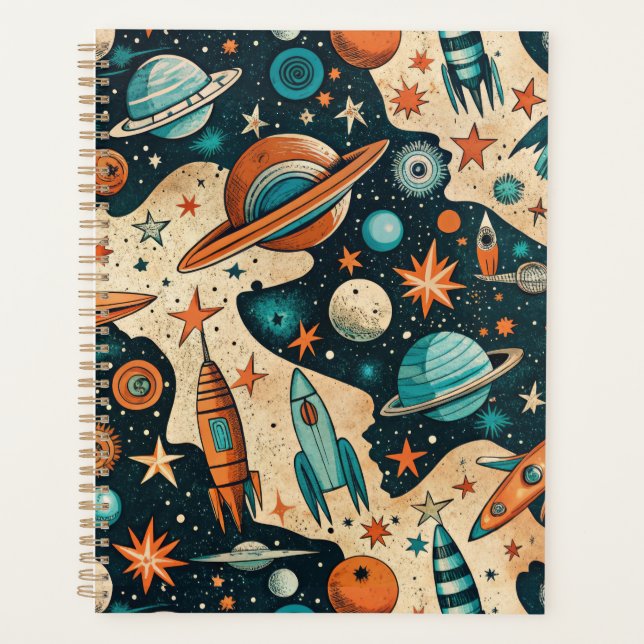 Retro Space Rocket Planets Orange Teal Nursery Planner (Front)