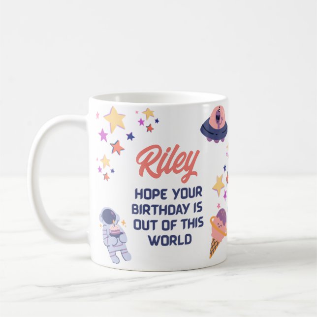 Retro Space Themed Customisable Birthday Coffee Mug (Left)