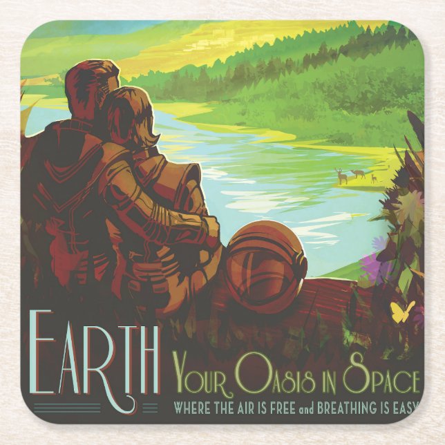 Retro Space Travel Poster-An Earth Science Mission Square Paper Coaster (Front)