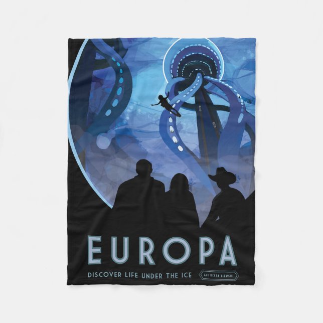 Retro Space Travel Poster- Jupiter's Moon Europa. Fleece Blanket (Front)