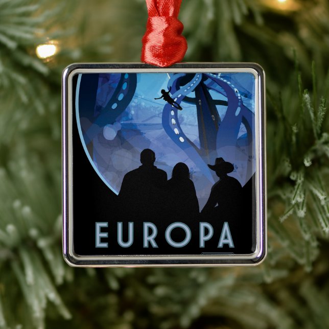 Retro Space Travel Poster- Jupiter's Moon Europa. Metal Ornament (Tree)