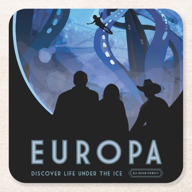 Retro Space Travel Poster- Jupiter's Moon Europa. Square Paper Coaster (Front)