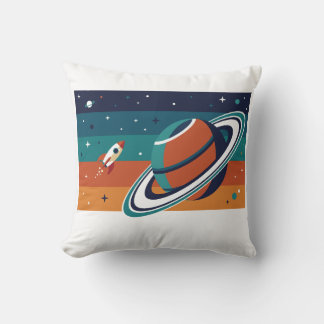 Retro Space Travel Poster Ringed Planet Cushion