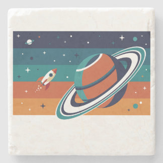 Retro Space Travel Poster Ringed Planet Stone Coaster
