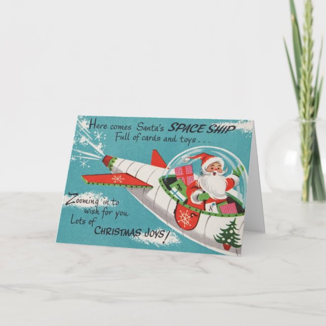 Retro Spaceship Santa Christmas Card (Front)