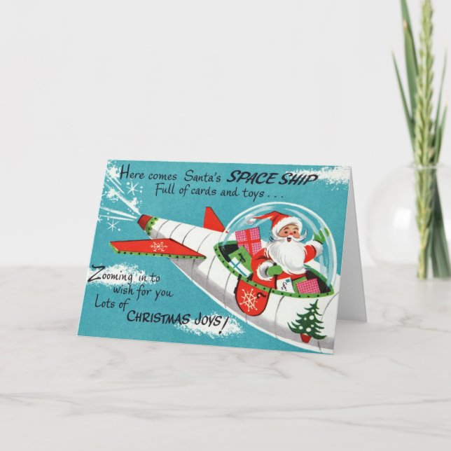 Retro Spaceship Santa Christmas Greeting Card (Front)