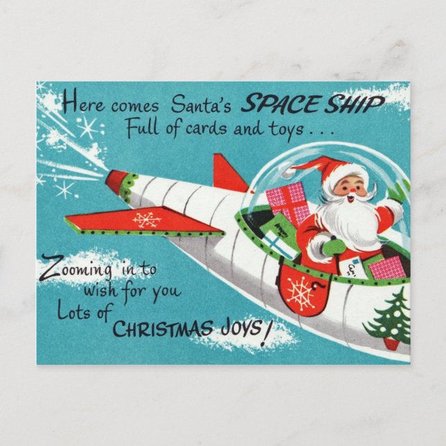 Retro Spaceship Santa Christmas Postcard (Front)