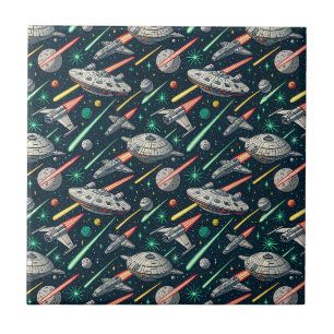 Retro Spaceship Sci-Fi Space Battle Comic Pattern Ceramic Tile