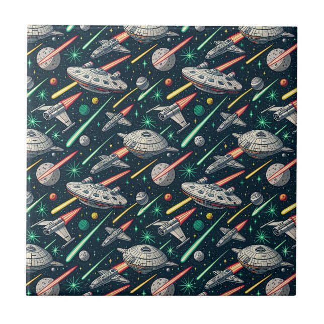 Retro Spaceship Sci-Fi Space Battle Comic Pattern Ceramic Tile (Front)