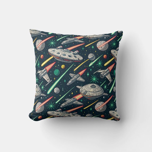 Retro Spaceship Sci-Fi Space Battle Comic Pattern Cushion (Front)