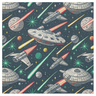 Retro Spaceship Sci-Fi Space Battle Comic Pattern Fabric