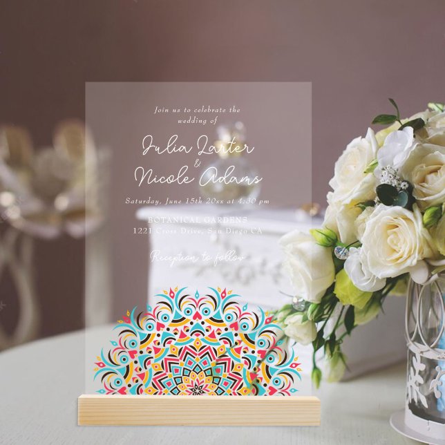 Retro Spanish Abstract Floral Mandala Wedding Acrylic Invitations (Creator Uploaded)