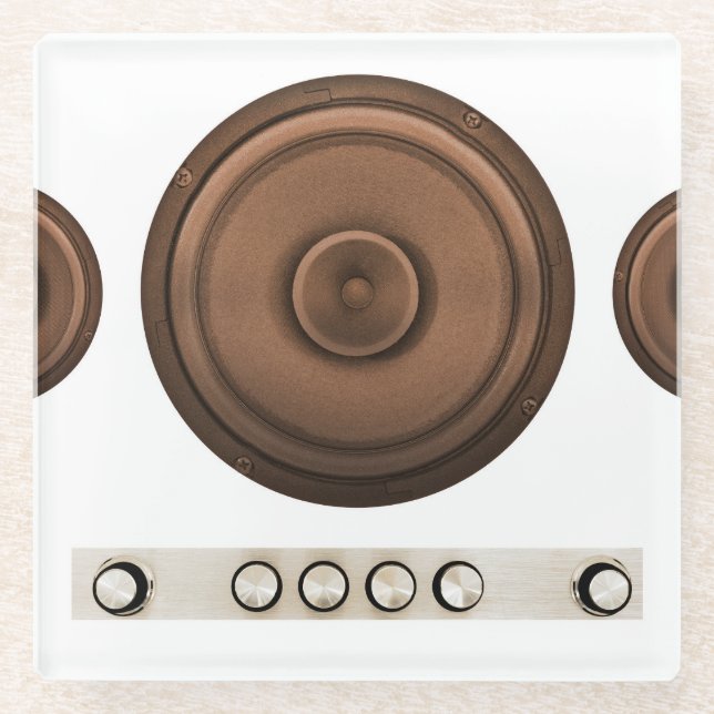 Retro speakers: brown, isolated white. glass coaster (Front)