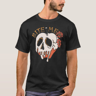 Retro Spooky Bite Me Halloween Melting Apple Skull T-Shirt