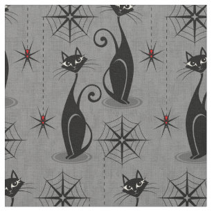 Retro Spooky Cats and Spiders on Distressed Grey Fabric