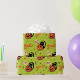 Retro Spooky Kitten Pumpkin Moons on Lime Green Wrapping Paper