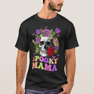 Retro Spooky Mama Skull Women Flower Mom Skeleton  T-Shirt