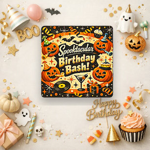 Retro Spooky Orange Black Halloween Birthday Bash Card