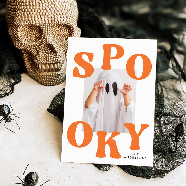 Retro Spooky Orange Typography Photo Halloween Holiday Card (Creator Uploaded)