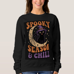 Retro Spooky Season & Chill Black Cat Sweatshirt