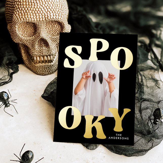 Retro Spooky Typography Photo Halloween Foil Holiday Card (Creator Uploaded)