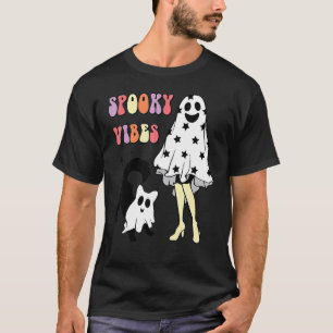 Retro Spooky Vibes Ghost Black Cat Women Halloween T-Shirt