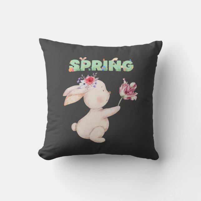 Retro Spring Bunny with Tulip Graphic Tee Cushion (Front)