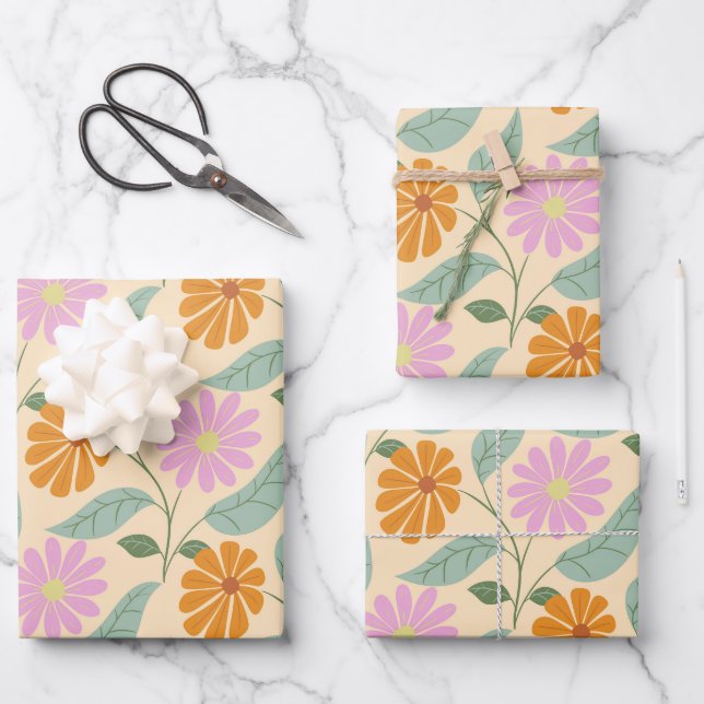 Retro spring flowers wrapping paper sheet (Front)