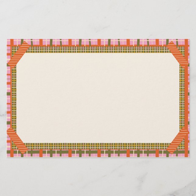 Retro Spring Hand Drawn Faux Washi Grid and Plaid Stationery (Front)