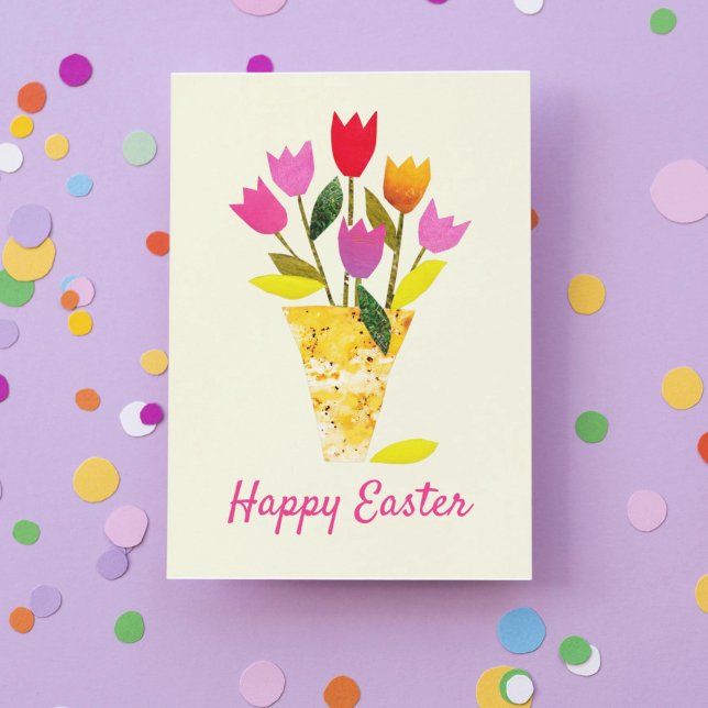 Retro Spring Tulips Hand-Illustrated Floral Easter Holiday Card (This traditional Easter card features colorful vintage-inspired bright pastel-colored tulips.)