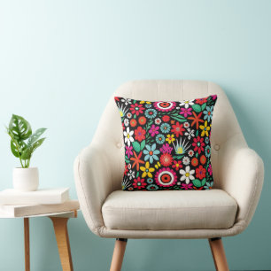 Retro spring wildflowers pattern cushion