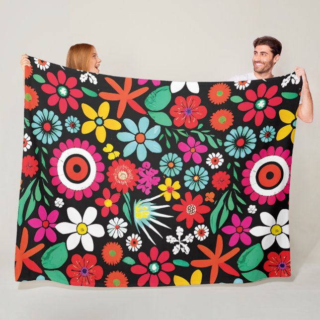 Retro spring wildflowers pattern fleece blanket (In Situ)