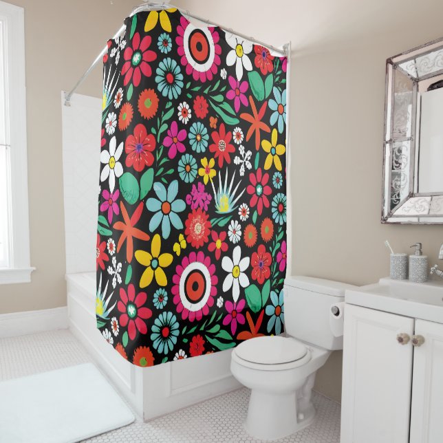 Retro spring wildflowers pattern shower curtain (In Situ)