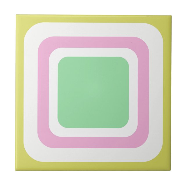 Retro Square Pastel Green Pink White Ceramic Tile (Front)