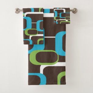 Retro Squares Blue Green White Brown Pattern Bath Towel Set