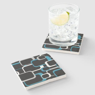 Retro Squares Blue Grey White Pattern Black Stone Coaster