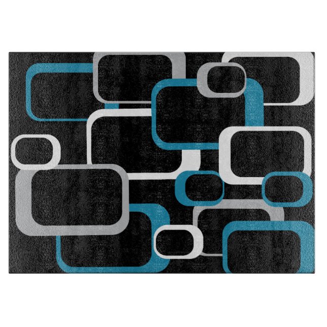 Retro Squares Blue White Grey Pattern Black  Cutting Board (Front)