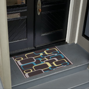 Retro Squares Blue Yellow Grey Pattern Doormat