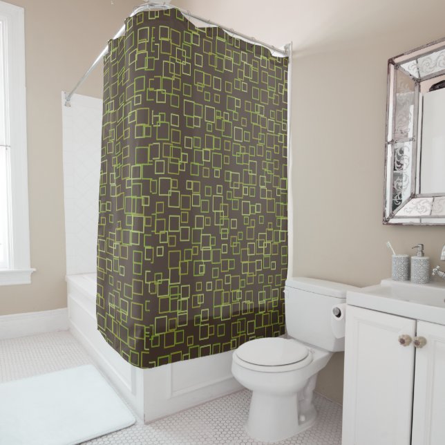 Retro Squares Brown Bathroom Shower Curtain (In Situ)