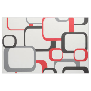 Retro Squares Geometric Pattern Red Grey Black Fabric