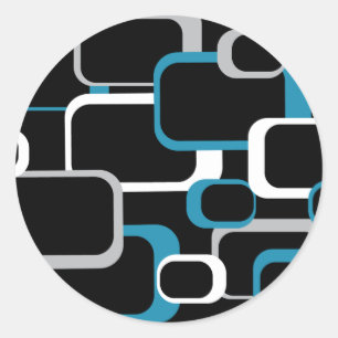 Retro Squares Pattern Blue Grey White Black Classic Round Sticker