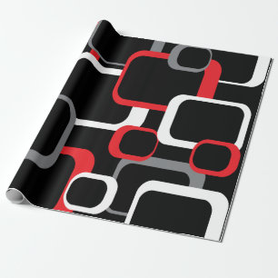 Retro Squares Pattern Red Black White Grey Wrapping Paper