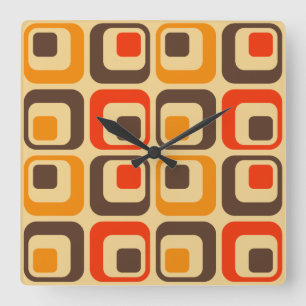 Retro Squares Pattern - Red, Brown & Orange Square Wall Clock