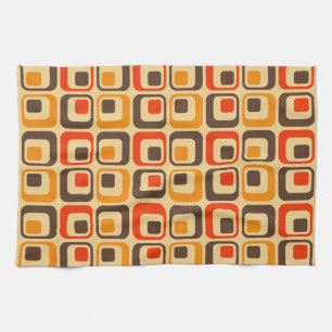 Retro Squares Pattern - Red, Brown & Orange Tea Towel