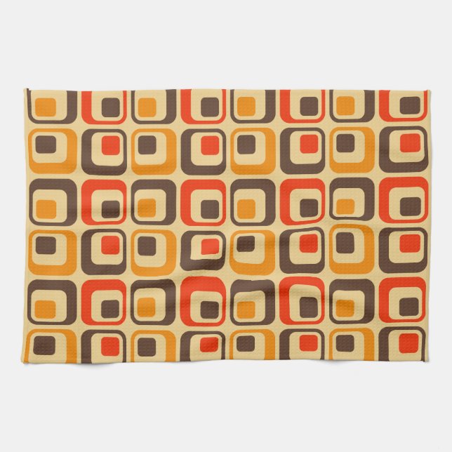 Retro Squares Pattern - Red, Brown & Orange Tea Towel (Horizontal)