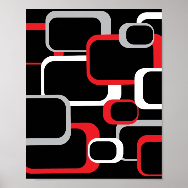 Retro Squares Pattern Red Grey White Black Poster (Front)