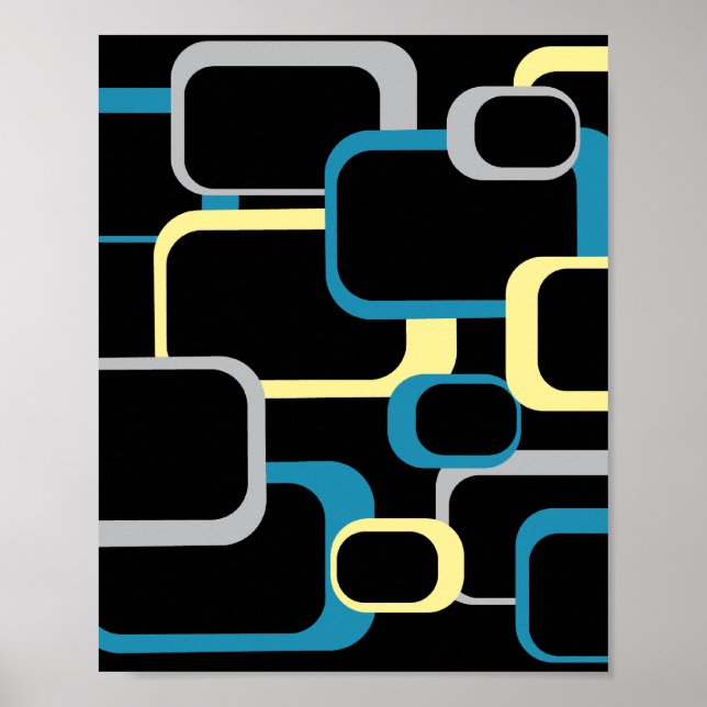 Retro Squares Pattern Yellow Blue Grey Black Poster (Front)