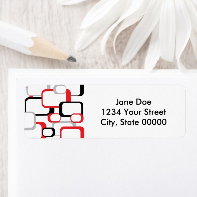 Retro Squares Red Black Gray Pattern Return Address Label (Insitu)